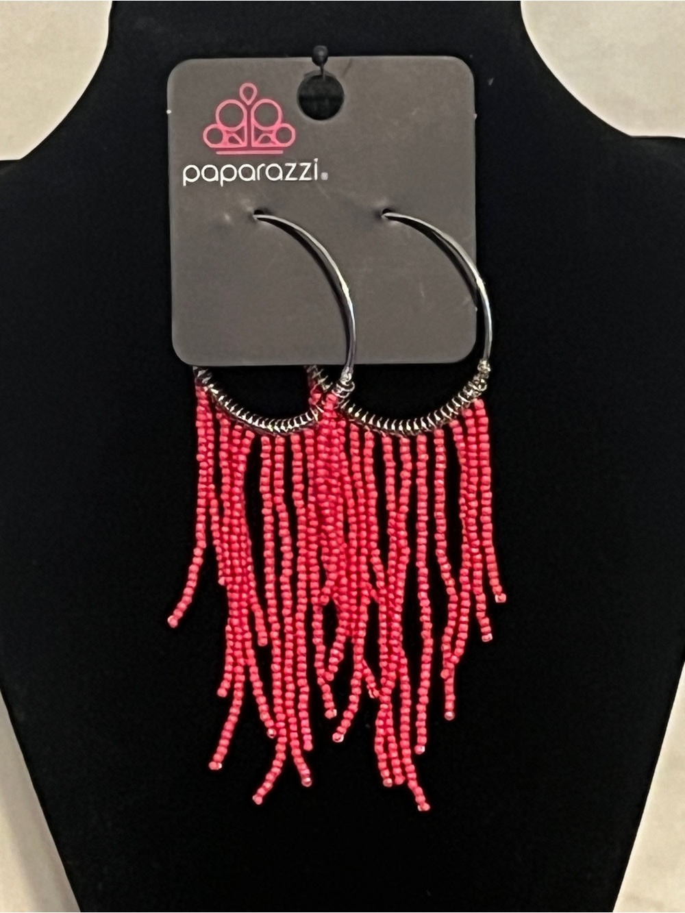 Paparazzi Bright Pink Beaded Fringe Hoop Earrings